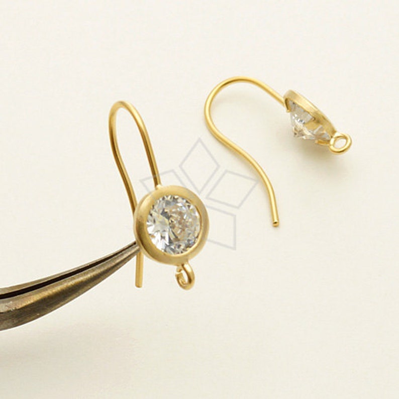 EA-126-MG / 2 Pcs Round CZ Hook Ear Wires, Earrings Findings, Matte Gold Plated over Brass / 18.5mm image 1