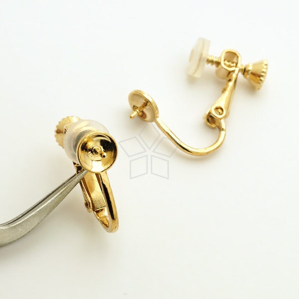 EA-298-GD / 6 Pcs - 5mm Pearl Cup with a Peg, Screw Back Non Piercing Clip Earrings, Comfortable Fit, Gold Plated over Brass / 15mm