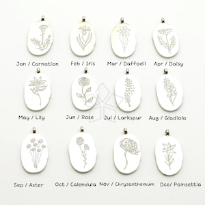 PD-288-ST / 1 Pcs - Oval Birthday Birth month Flower Stainless Steel Charms Personalized Jewelry Necklace Pendant / 11x20mm