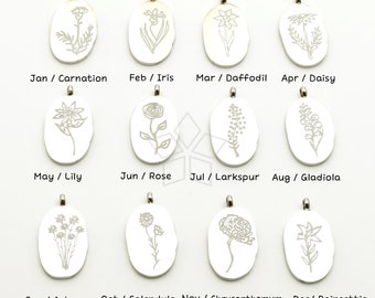 PD-288-ST / 1 Pcs - Oval Birthday Birth month Flower Stainless Steel Charms Personalized Jewelry Necklace Pendant / 11x20mm