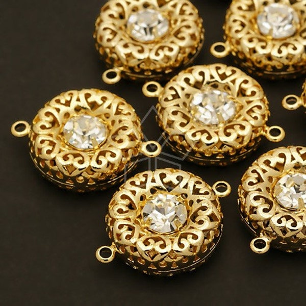 AC-200-GD / 2 Pcs - Stone Donut Connector, Filigree Round Pendant, 16K Gold Plated over Brass / 17mm x 24mm