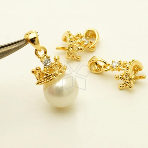 PD-2281-GD / 2 Pcs - Tiara Dangle Pendant for Half Drilled Pearl, Dainty Crown Pendant, Gold Plated over Brass / 8mm x 12mm