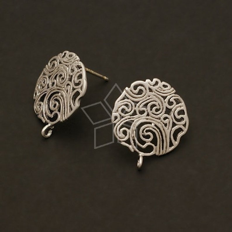 SI-287-MS / 2 Pcs Paisley Circle Earring Findings, Matte Silver Plated over Brass, 925 Sterling Silver Post / 15mm x 17mm image 1