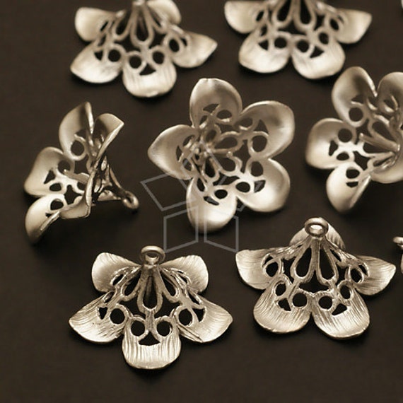 CP-035-MS / 2 Pcs - Trumpet Flower Caps for Half Drilled Drops, Matte Silver Plated over Brass / 16mm