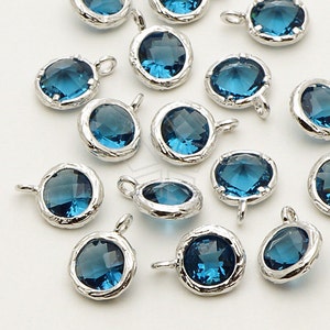 PD-728-OR / 2 Pcs - Cute Glass Stone Round Pendant for Necklace (Montana Blue), Silver Framed / 7mm x 10mm