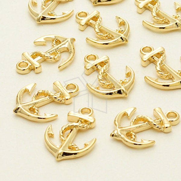 PD-1096-GD / 4 Pcs - Mini Rope Anchor Charm, Ocean Marine Pendant, Gold Plated over Pewter / 11mm x 16mm