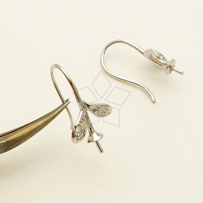 EA-130-OR / 2 Pcs Sprout Cup Ear Hook Findings, Pearl Drop Hook Earrings, DiY Pearl Jewelry Findings, Silver Plated over Brass / 16mm image 1
