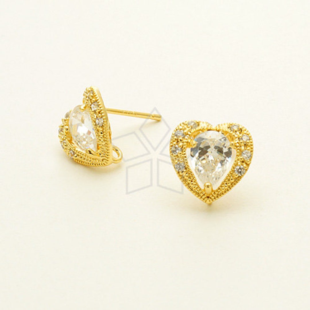 SI-636-GD / 2 Pcs - Jewel Heart CZ Stud Earrings, Gold