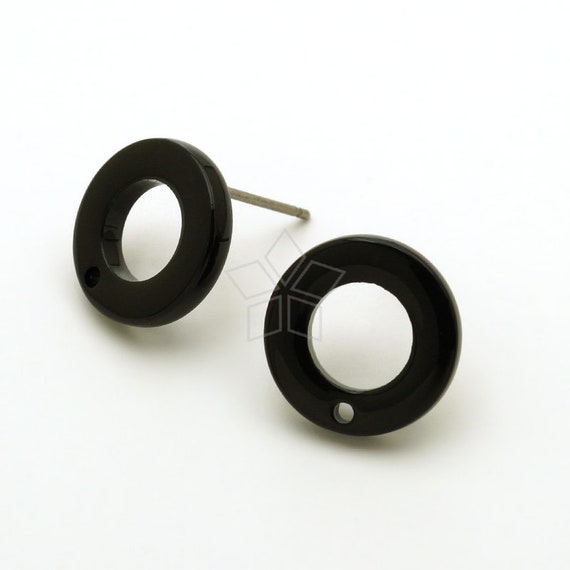 AR-050-CE / 2 Pcs - High Quality Celluloid Acetate Ear Posts, Black Doughnut Ring Stud Earrings, Surgical Steel Post / 12.5mm