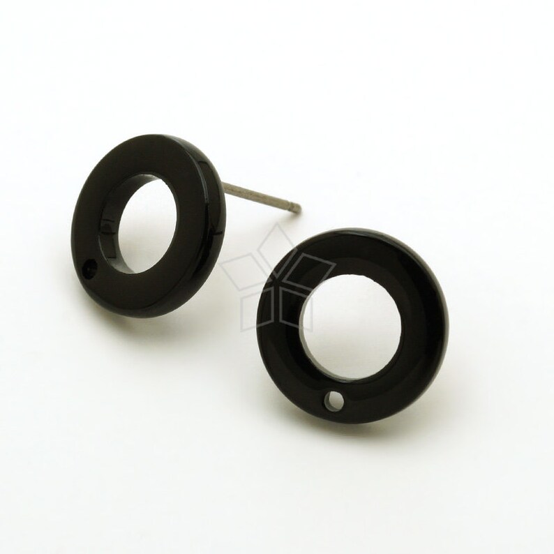 AR-050-CE / 2 piezas - Pendientes de acetato de celuloide de alta calidad, pendientes de botón con forma de donut negro, pendientes de acero quirúrgico / 12,5 mm imagen 1