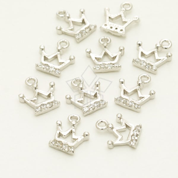 PD-1151-OR / 2 Pcs - Tiny CZ Tiara Charm Pendant for Necklace, Silver Plated over Brass / 9.5 x 10mm