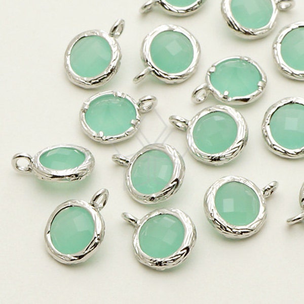 PD-724-OR / 2 Pcs - Cute Glass Stone Round Pendant for Necklace (Mint Green Opal), Silver Framed / 7mm x 10mm