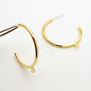 SI-949-GD / 2 Pcs - Gold Loop Earring Findings, Plain Hoop Earring Hooks, Gold Plated, 925 Sterling Silver Post / 30mm