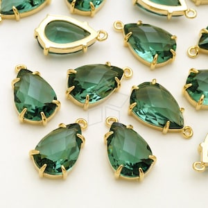 PD-2774-GD / 2 Pcs - Faceted Glass Tear Drop Stone Pendant, Green Tourmaline Glass Gemstone Teardrop Charms, Gold Plated Bezel / 8.9x15mm