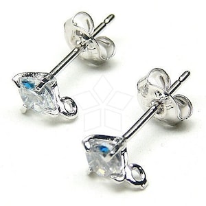 SI-067-OR / 4 Pcs -  Prong Setting 4mm CZ Earring Findings, Rhodium Silver Plated Cubic Zirconia Ear Posts, 925 Sterling Silver Post / 4mm