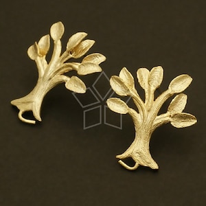 SI-394-MG / 2 Stück - Zitronenbaum Ohrringe, Matt Vergoldete Baum Ohrstecker, 925 Sterling Silber Stecker / 18mm x 21mm