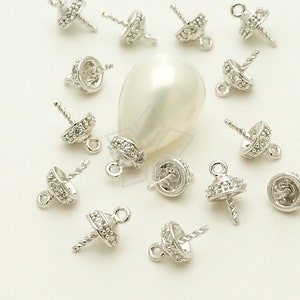 CP-040-OR / 2 Pcs CZ Round Box Bead cap with peg, Diy Pearl Charm Making Findings, Silver Plated over Brass / 4.8mm image 1