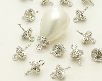 CP-040-OR / 2 Pcs - CZ Round Box Bead cap with peg, Diy Pearl Charm Making Findings, Silver Plated over Brass / 4.8mm