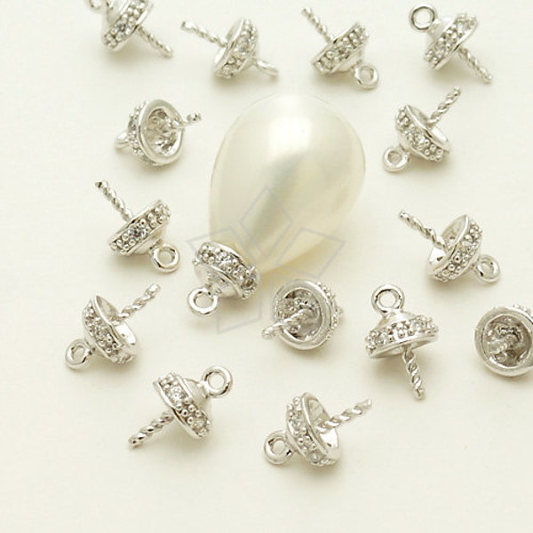 CP-040-OR / 2 Pcs - CZ Round Box Bead cap avec cheville, Diy Pearl Charm Making Findings, plaqué argent sur laiton / 4.8mm