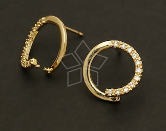 SI-251-GD / 2 Pcs - Cubic Round Pick Earring Findings, Gold Plated over Brass, 925 Sterling Silver Post / 14mm