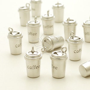 PD-934-MS / 2 Pcs Take Out Coffee Cup Charm Pendant, Matte Silver Plated over Brass / 7.4mm x 12mm image 1
