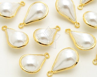 PD-2687-GD / 2 Pcs - Tear Drop Pearl Metal Wrapped Pendant, White Drop Pearl Pendant (Large Size), Gold Plated Brass Bezel / 11mm x 18mm
