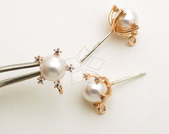 SI-980-RG / 2 Stück - CZ SatellitenPerlen Ohrstecker, weiße Perlen Fassung Ohrstecker, Rose gold, 925 Sterling Silber Post / 5,8mm