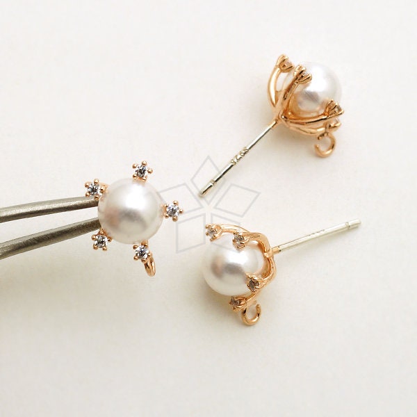 SI-980-RG / 2 Pcs - CZ Satellite Pearl Ear Posts, White Pearl Setting Earring Studs, Rose Gold, 925 Sterling Silver Post / 5.8mm