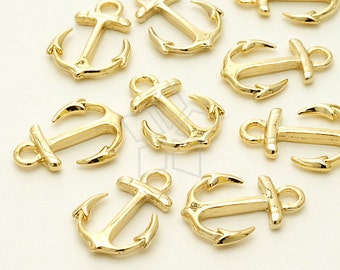 PD-815-GD / 2 Pcs - Mini Anchor Charm, Gold Plated Ocean Marine Pendant / 12x17mm