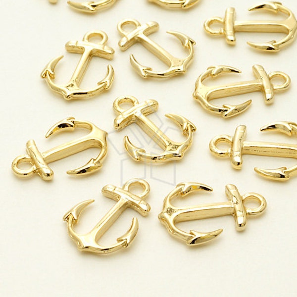 PD-815-GD / 2 Pcs - Mini Anchor Charm, Gold Plated Ocean Marine Pendant / 12x17mm