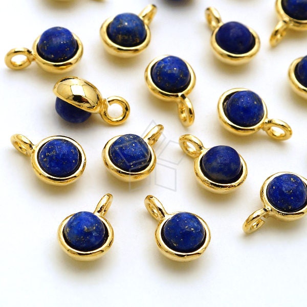 PD-2191-GD / 2 Pcs - Lapis Lazuli Round Charms, Tiny Round Gemstone Smooth Bezel Pendant, Gold Plated over Brass Bezel / 4.5mm