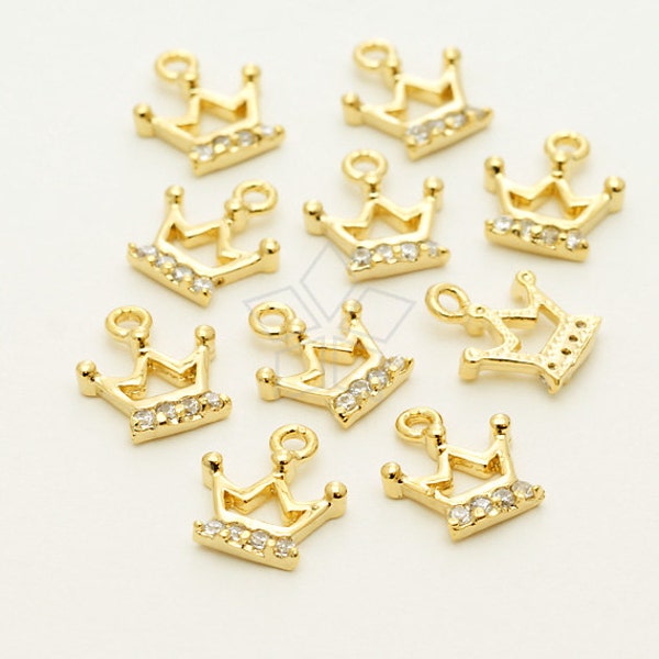 PD-1152-GD / 2 Pcs - Tiny CZ Tiara Pendant, Small Crown Charm, DiY Jewelry Findings, Gold Plated over Brass / 9.5x10mm