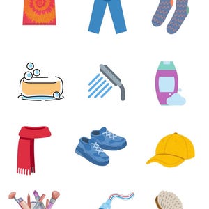 Könnte beinhalten: Eine Sammlung von illustrierten Symbolen mit Kleidung, Accessoires und Hygieneartikeln. Enthält ein T-Shirt mit Batikmuster, blaue Jeans, gemusterte Socken, einen roten Schal, blaue Turnschuhe, eine gelbe Baseballkappe und eine Make-up-Tasche.