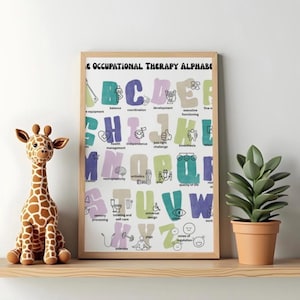 May include: A framed print titled "Occupational Therapy Alphabet" with colourful letters and illustrations. A plush giraffe and a potted plant sit on a wooden shelf next to the framed print.