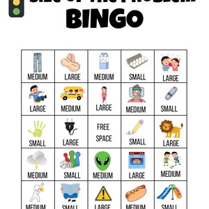 Op de afbeelding: Een bingokaart met de titel "SIZE OF THE PROBLEM BINGO". De kaart bevat verschillende afbeeldingen, elk gelabeld met "KLEIN", "MIDDEL" of "GROOT". De afbeeldingen omvatten een schoolbus, een stekker, een potlood, een leeuw en een hotdog.