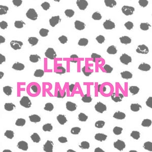 May include: A white background is covered with a pattern of grey, irregular shapes. The words "LETTER FORMATION" are written in bright pink. The design is simple and modern, suitable for various applications.