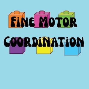 May include: A light blue background with the words "FINE MOTOR COORDINATION" in black, stylized font. Six colorful toy blocks are arranged around the text, in orange, purple, green, yellow, pink, and blue.