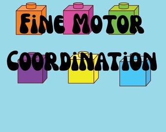 以下が含まれることがあります： 水色の背景に、黒のスタイリッシュなフォントで「FINE MOTOR COORDINATION」の文字。オレンジ、紫、緑、黄色、ピンク、青の6色のカラフルなおもちゃのブロックがテキストの周りに配置されています。