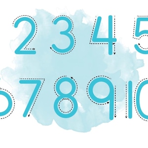 May include: An educational chart in teal, featuring the numbers one to ten. Each number is outlined with a dotted line, showing the writing direction. The numbers are set against a light blue watercolour background.