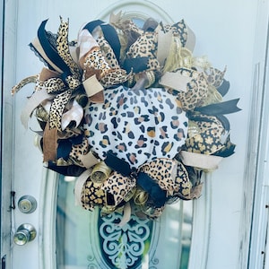Leopard Print Pumpkin Wreath – Animal Print Fall Door Decor