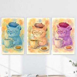 Set of art,set of paintings, three cats, cat with coffee, digital art, print art, three paintings, postcards,poster,cats,kittens,acrylic art