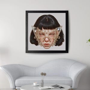 Digital printable art,futuristic portrait,face of girl with black hair art,cyberpunk style,printable merchandise,poste,Surrealistart,clipart