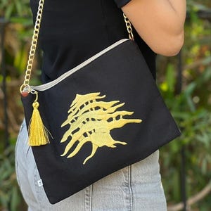 Handmade Cedar Tree Black Clutch | Embroidered Cedar Tree of Lebanon in Gold | Gift from Lebanon