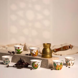 Set of 6 Hand-Painted Ramadan Coffee Cups | Arabic Coffee Cups Set | Eid Gift | Lebanese Chaffe Coffee Cups