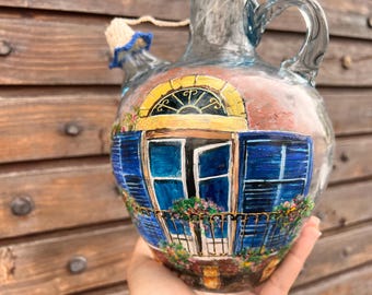 1.5L Hand Painted Traditional Recycled Glass Water Jug | Lebanese Houses Handmade Beverages Pitcher |Ibrik from Lebanon إبريق
