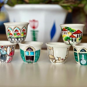 Set of 6 Hand-Painted Lebanese Coffee Cups | Arabic Coffee Cups Set | Lebanon Heritage | Lebanese Chaffe Coffee Cups | Housewarming Gift