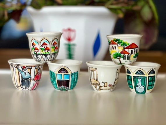 Set of 6 Hand-Painted Lebanese Coffee Cups | Arabic Coffee Cups Set | Lebanon Heritage | Lebanese Chaffe Coffee Cups | Housewarming Gift