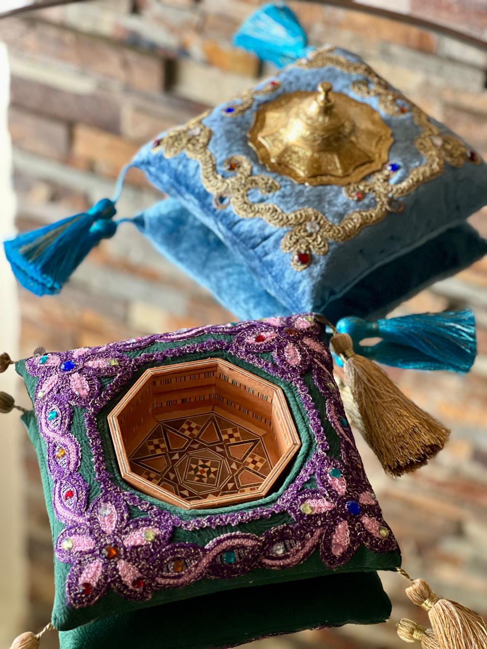 Decorative Cushion with Marquetry Bowl for Snacks, Keys, or Home Decor | Centerpiece Bowl for Hallway or Table | Oriental  Home Decor