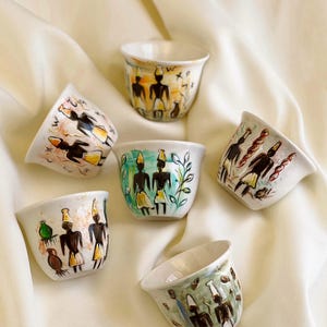 Set of 6 Hand-Painted The Phoenicians Coffee Cups | Arabic Coffee Cups Set | Byblos Lebanon | Lebanese Chaffe Coffee Cups