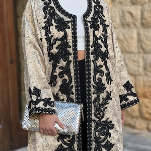 Luxurious embroidered Abaya | Black & Gold Kaftan | Women Open Cape Long |Traditional Arabian Abaya